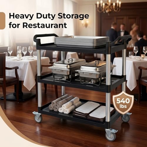 3-Tier Rolling Utility Cart with Wheels, 540 lbs Capacity Service Cart, Commercial Kitchen Cart with 4 Lockable Swivel Casters for Restaurant/Home/Warehouse/Office (40 x 20 x 38 in)