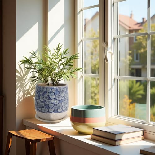 6 in Ceramic Plant Pot with Saucer,Indoor Plant Pot for Plants, Flower Pot with Drainage,Reactive Glaze Blue - color: Blue