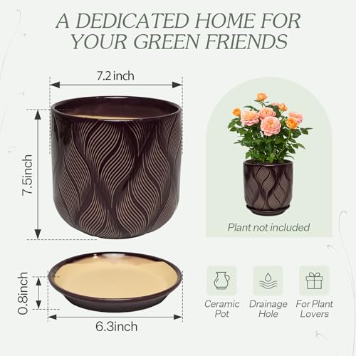 7.2 Inch Modern Ceramic Glaze Plant Pot with Drainage Hole,Mesh Net,Saucer,Indoor Outdoor Planter(Leaf-Dark Purple) - color: Leaf-dark Purple