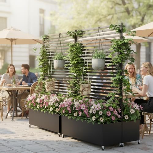 Double Metal Planter Box with Trellis Privacy Screen, Raised Garden Bed with Trellis & Wheels, Planter Box Outdoor with Drainage Holes for Climbing Plants, Vines,73"x 47"x 30", Black - color: Black, size: 73"x 47"x 30"