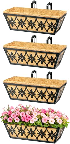 16 Inch Window Boxes Planters Railing Planter Box - 2 Pack Deck Railing Planter Boxes with Adjustable Brackets Coco Liners Balcony Planters Railing Hanging for Window Flower Boxes Outdoor Garden Decor - size: 16 Inch