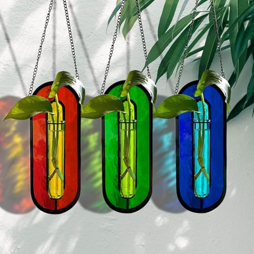 LITMIND Transparent Green Stained Glass Propagation Station - Handcrafted Suncatcher Hanging Planter with 2 Glass Tubes, Multi-Color Hydroponic Wall Décor for Windows, Home & Garden - color: Style B03 (Verdant Breeze)