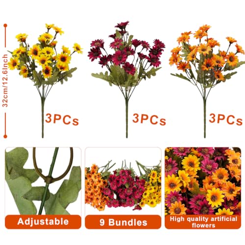 9 Bundles Artificial Mums for Outdoors Fake Fall Flowers Silk Daisy Floral - color: Yellow Orange Red