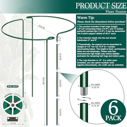 6-Pack 46.3” Plant Support Stakes, Steel Plant Cage & Peony Tomato Hydrangea Cage, Garden Stakes for Outdoor Plants, Heavy-Duty Plant Stakes, 16.7” Support + 29.6” Extension Tubes - size: 48in