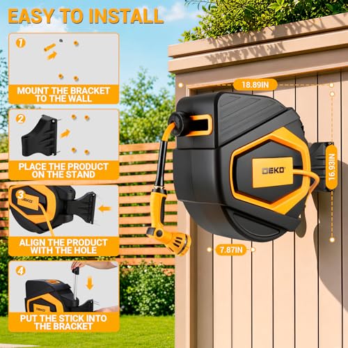 Retractable Garden Hose Reel:100 ft x 1/2 inch, Garden Hose Reel with 9-Pattern Nozzle, 180°Swivel Bracket Wall-Mounted, Automatic Rewind, Lock at Any Length, with Slow Return System