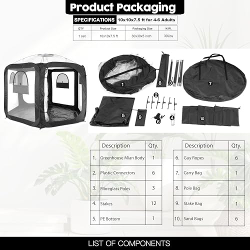 Porayhut Pop Up Greenhouse Tent,Portable Large Walk-in Plant House 10’X10’ ,Indoor Outdoor Gardening Plant Sunshine Room with PVC Mesh Cloth Cover for Protecting Plant from Cold Frost & Birds - style: 90.6"Tall Black Greenhouse