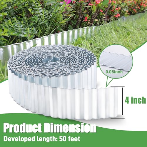 Quibbay Metal Corrugated Garden Edging, 4" x 50Ft Garden Edging Border for Garden and Flower Bed, Landscape Edging for Grass Barrier, Sidewalk, Lawn and Yard, Silvery - color: Silver, size: 4 Inch × 50FT