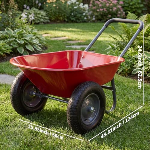 Garvee Wheelbarrow Garden Cart, Heavy Duty Home Utility, Dual-Wheel Home Garden Yard Utility Wheelbarrow Cart with Built-in Stand, (Red) - color: Red