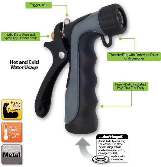 Melnor 65144AMZ Hot Water Hose Nozzle with Adjustable Spray Pattern, Metal Core, Insulated Grip, 160°F Rated, High Pressure Spray, Quick Connect Bundle, Black, Gray
