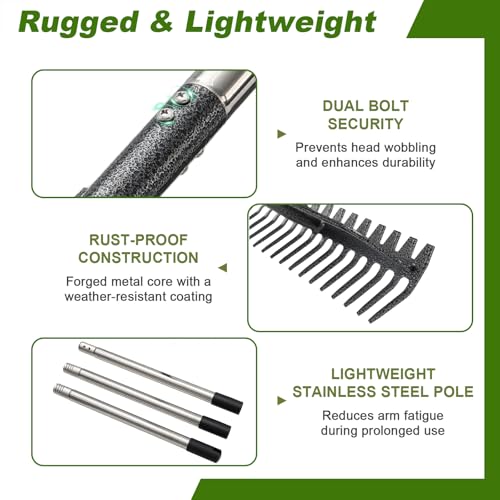 Bow Rake, 79" Heavy Duty Garden Rake with Wide 17 Tines Head & Stainless Steel Handle, Adjustable Rakes for Lawns Yard Loosening Soil Thatching Gathering Leaves Gravel - style: 79 inch
