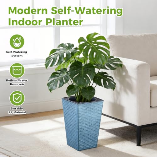Self Watering Pots for Indoor Plants, 2 Pack Flower Pots Self Watering Planter 10.7" x 6.9" Plastic Pots African Violet Wick and Grow Pots Tall Orchid pots Square Large Plant Pots, Blue - color: Blue