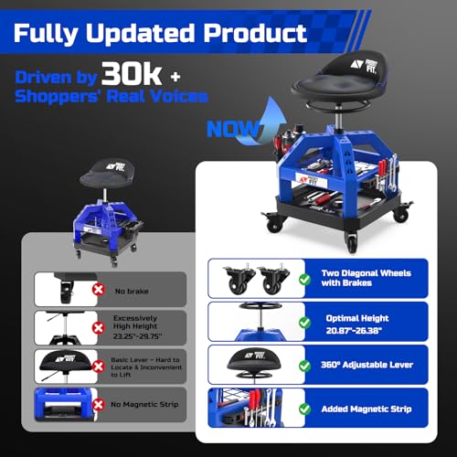 Rolling Shop Stool for Garage with Casters, DO02-Adjustable Height 360° Swivel Shop Seat with Tool Tray Storage, 330 LBS Capacity Padded Mechanic Stool, Magnetic Tool Hold, Heavy Duty, Blue - color: Blue With Magnetic Tool Hold