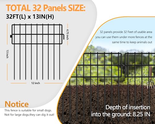 32 Panels Animal Barrier Fence No Dig, 32ft(L) X 13in(H) 1.2in Gap Rabbit Fences Ground Defense Border Small Metal Fencing, Dog Blocker Under Barriers for Garden, Flower Bed, Patio - size: 32 Panels, 32 ft(L) X 13 in(H)