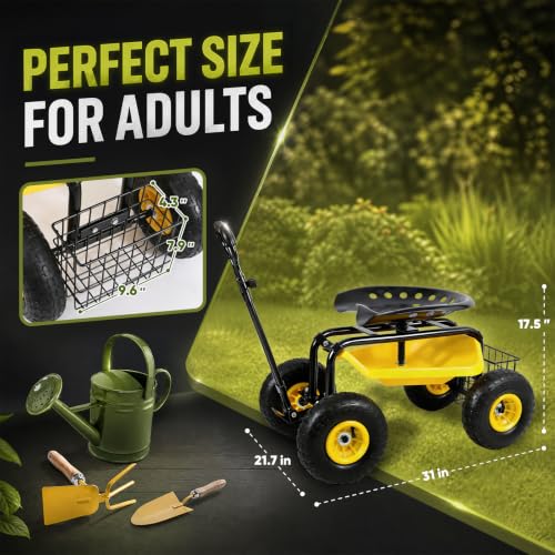 Sekey Rolling Garden Cart, 440 lb, 360° Swivel Adjustable Seat - size: 440LBS