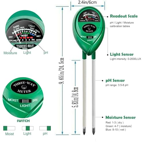 Soil pH Meter 3-in-1 Soil Tester Soil Test Meter for Moisture, Fertility and pH, Soil Moisture Meter for Potting Soil, Garden, Farm, Lawn, No Batteries Required
