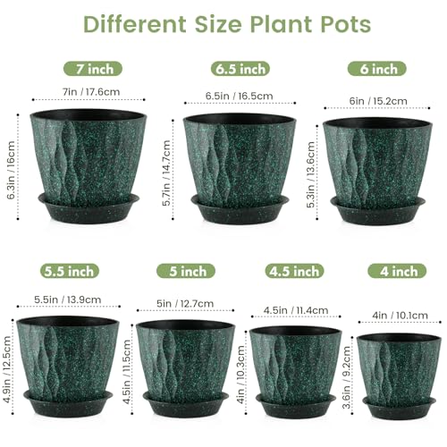 Meowell 7/6.5/6/5.5/5/4.5/4 inch Plant Pots for Indoor Outdoor Plants, 7 Pack Thick Flower Pots with Drainage Holes and Saucers, Wave Texture Plastic Planters Nursery Pots, Black with Green Speckles - color: Black With Green Speckles, size: 7+6.5+6+5.5+5+