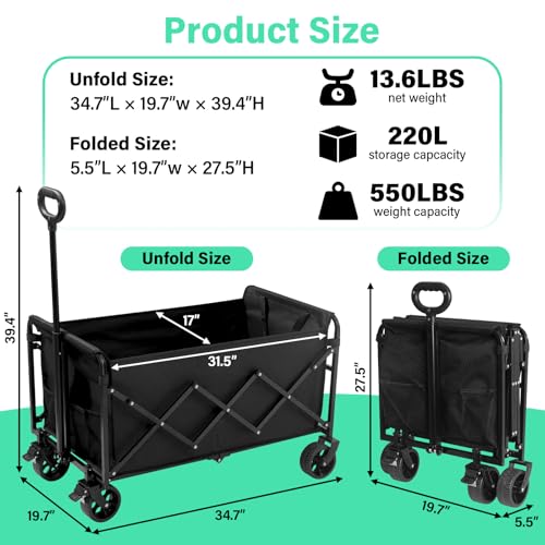 Upgraded Heavy Duty Foldable Wagon – 550LBS Capacity, All-Terrain Wheels & Brakes, Large Collapsible Cart for Beach, Camping, Grocery & Sports (Black) - color: Black_550lbs