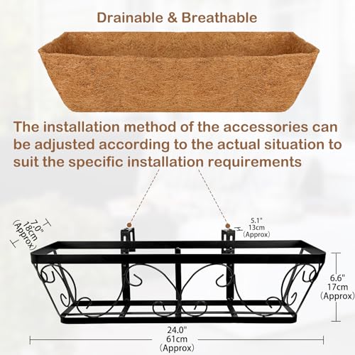 24 Inch Window Box Planter with Adjustable Brackets for Hanging Outdoor Plants, 4 Pack Railing Planter Boxes with Coco Liners for Balcony Deck Porch & Patio Garden Decor, Black - size: 4 Pack, style: Scrollwork