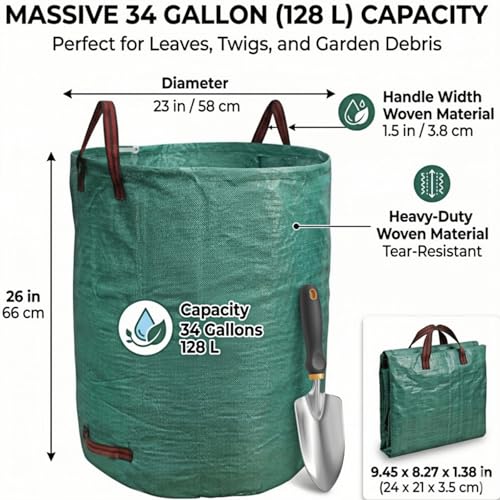 2 Pack 60 Gallon Reusable Yard Waste Bags - 9.5 Inch Collapsible Garden Bin, Large Capacity Leaf Bags - Green Woven Fabric