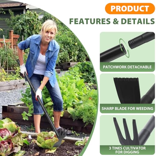 Weed Puller Tool with 45.5" Long Handle, 2 in 1 Small Garden Weeding Hoe & Rake, Handheld Stand Up Hoe Garden Tool for Lawn, Garden, Yard, Flower Bed, Patio & Small Farm