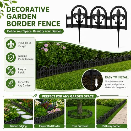 Evelyne Black Garden Border Plastic Edging – PP Plastic, Metal-Free Wrought Iron Look Design, 15pcs Black Yard Landscaping Fence Liner Lawn Edge Barrier, 20ft Kit of Decorative Lawn Landscape Panels - color: Black, style: 20ft.