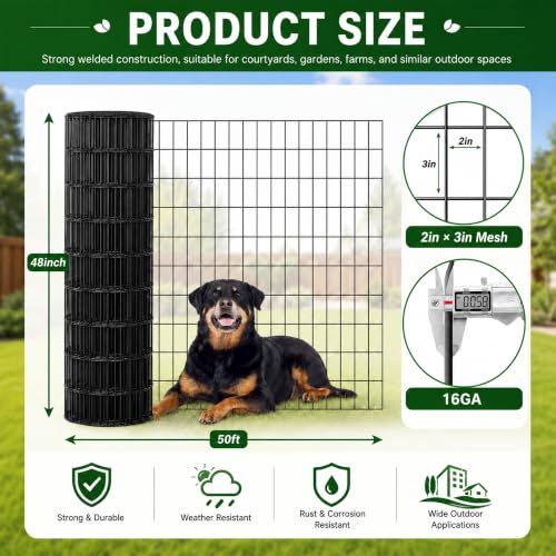 PVC Coated Welded Wire Mesh 16GA 48in x 50ft, 2x3 Mesh Black Fence Roll - color: 16GA 48''×50'