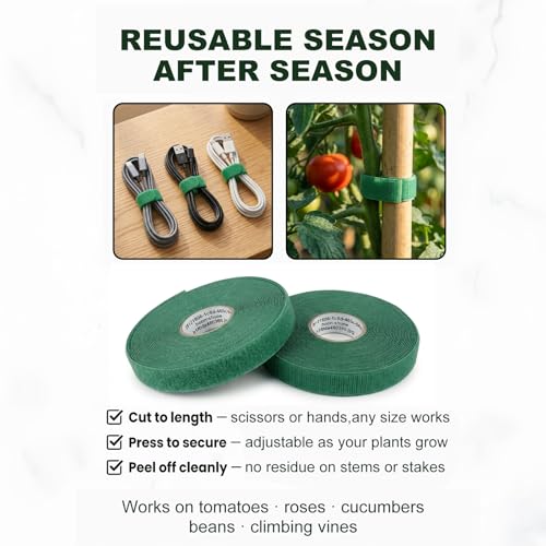 Plant Tape – Reusable Hook and Loop Plant Ties for Climbing Plants, Adjustable Garden Tape for Tomatoes, Vines & Indoor Plants | Nylon, 0.47 in Wide | 2 Rolls, 98ft