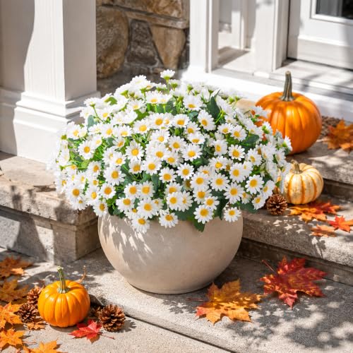 Daisy Artificial Flowers for Outdoors Autumn Fall Decoration, 6 Bundles Fake Mums White Silk Flowers for Outside Look Real UV Resistant Faux Flowers Plants for Planter Front Door Home Indoor Porch Urn - color: White