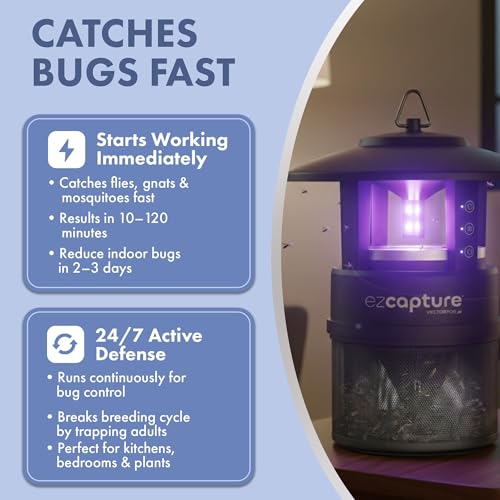 EZCapture T10 Indoor Bug Trap with Fan Suction - Versatile LED Flying Insect Trap for Indoor and Outdoor Use - No Zapping Noise, for Fruit Fly, Gnat, and Mosquitoes, 5 Glue Boards Included