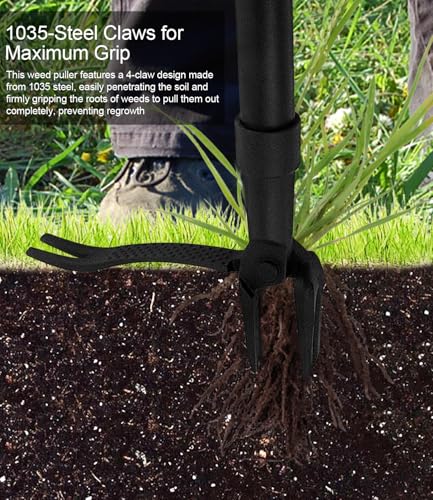 Weed Puller Tool, 4-Claw Stand Up Gardening Hand Weeding Tool with Adjustable 47.8" Stainless Steel Handle & 1035 Steel Head - Easily Remove Weeds Without Bending, Pulling, or Kneeling