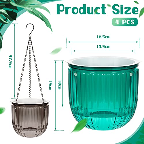 Meanplan 4 Pcs Self Watering Hanging Planter Indoor 6.5 Inch Hanging Baskets for Plants Outdoor Plastic Flower Pot with 3 Hooks Chains Drainage Holes for Garden Home, Medium Size(Emerald, Gray) - color: Emerald, Gray