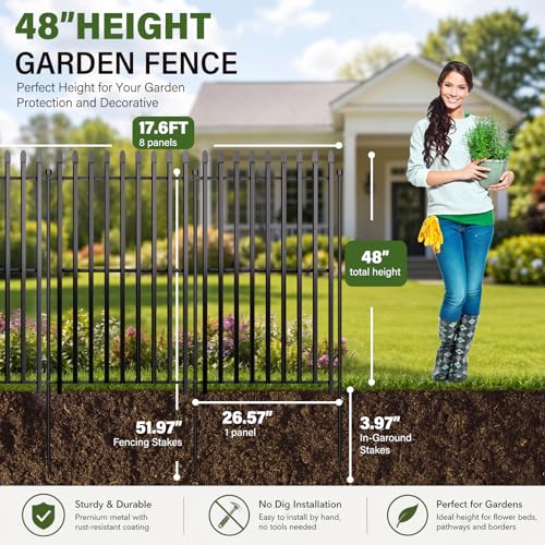 No Dig Decorative Garden Fence, 48in(H)×17.6ft(L), 8 Panels with Gate - size: 48 in(H) X 17.6 ft(L)