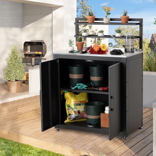 FEASTO Outdoor Potting Bench Table with Storage Cabinet - color: Black