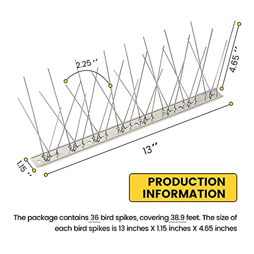 KKY 36 Pack Bird Spikes 13 inch Anti-Bird Nails Repellent Metal Deterant Spinners for Pigeon 38.9 Ft - size: 38.9 Feet