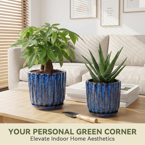 7.5 Inch Ceramic Planter Pot with Saucer Drainage Leak-Proof Mesh,Flower Pots for Indoor Plants with Gardening Gloves,Ceramic Planter(Peacock-Blue) - color: Peacock-blue, size: 7.5 Inch