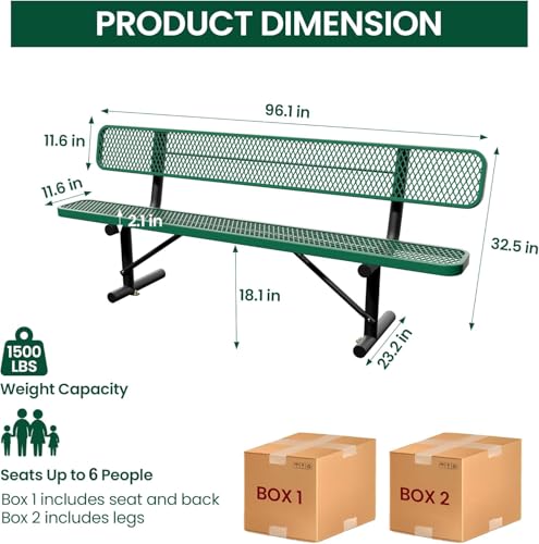 8 Feet Steel Park Bench for Outside, Outdoor Bench with Backrest & Portable Frame, Commercial Benches for Shopping Malls, Stores, Parks, Patios, Decks, Green - color: Green, size: 8 FT