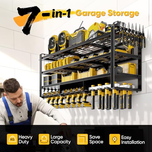POKIPO 49" W Large Power Tool Organizer Wall Mount, 4 Layer Heavy Duty Loads 800 lbs, Tool Storage Rack Holds 12 Cordless Drills, Large Capacity Battery Holder for Garage, Gift for Men - size: 49” W