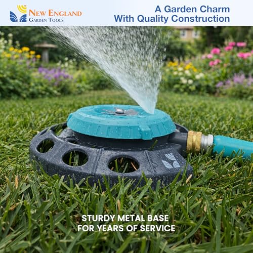 Multi-Pattern Spot Sprinkler 400001 - Adjustable 9 Spray Patterns, Heavy-Duty Metal Base, Decorative Turret Design, Versatile Lawn & Garden Watering, Durable Build by New England Garden Tools