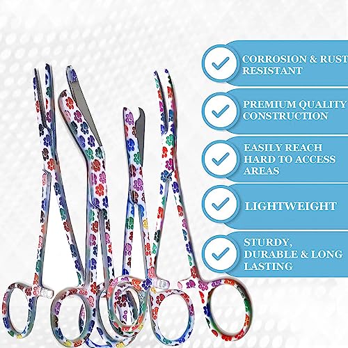 5 pc Bandage Scissors 5.5", Stitch Scissors 4.5", Hemostat 5.5" Straight & Curved, Diagnostic Penlight Made of Premium Quality Stainless Steel - For Training Emergency Supplies & First Aid Kit (White) - color: White