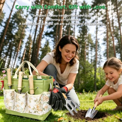 Garden Tools Set, 9-Piece Heavy Duty Gardening Tools with Clear Pocket Tote Bag, Stainless Steel Garden Hand Tools for Digging, Planting, Weeding and Pruning, Durable Gardening Kit - style: bright green