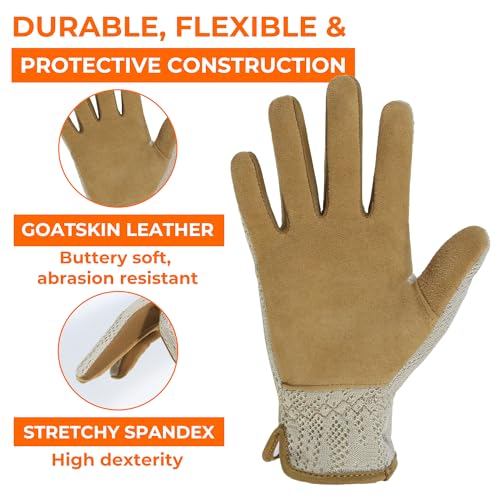 HANDLANDY Gardening Gloves for Women, Leather Garden Glove, Gardener Gift - color: Coffee Khaki, size: Medium (Pack of 1)