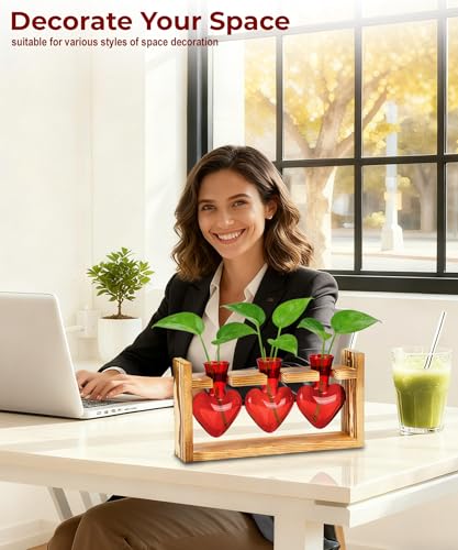Nacome Plant Terrarium with Wooden Stand, 3 Heart Bulb Glass Vases - color: Red