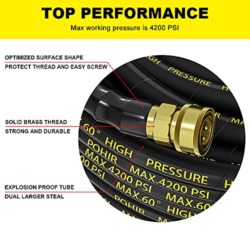 POHIR Power Washer Hose 125FT, High Pressure Washer Hose with 3/8'' Quick Connector, Steel Wire Braided Hose with 2 Quick Connect Kits Compatible M22 14 mm, Hose for Pressure Washer 4200 PSI - size: 125FT