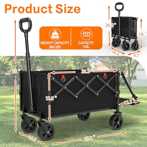 COZEER Wagons Carts Foldable, 120L Folding Heavy Duty Wagon with Wheels - color: Black, size: 120L