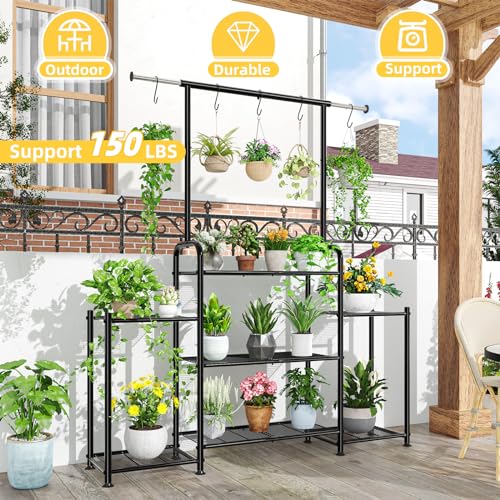 Simple Trending Plant Stand Indoor Outdoor, Metal 3 Tier Tall Hanging Plant Shelf for Multiple Flower Planter Large Heavy Duty Ladder Plant Holder for Garden, Black