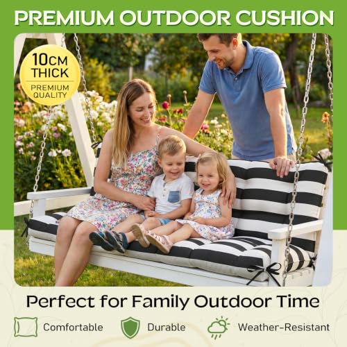Oxford Fabric Swing Cushions with Backrest & Tie Straps for Patio Bench - color: Black-white Stripe