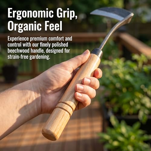 Kana Hoe 217 Japanese Garden Tool - Hand Hoe/Sickle is Perfect for Weeding and Cultivating,Solid Wood Handle for Gardening Tools