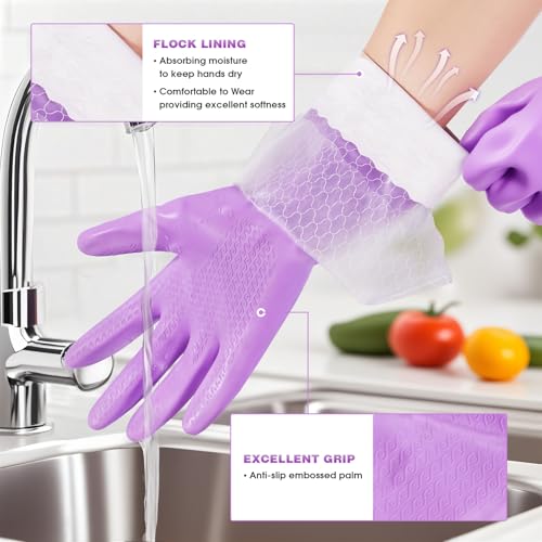 Elgood Reusable Long Dishwashing Cleaning Gloves with Latex Free, Long Cuff,Cotton Lining,Kitchen Gloves 2 Pairs,Purple+Blue Large - color: Long Cuff-purple+blue, size: Large (Pack of 2)