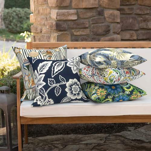 Outdoor 16x16 Inch Throw Pillow Covers Set of 2, Covers ONLY, All Weather Square Pillow Cases, Patio Cushion Pillow of Home Furniture Use, Elegant Vines Navy - color: Elegant Vines Navy, size: 16" x 16" (Pack of 2)