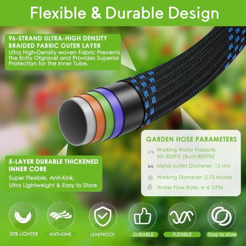 Flexible Garden Hose 100 ft with 10 Function Nozzle, 2026 Kink Free Lightweight Water Hose 100ft, Solid Metal Fittings, High Density Outer Fabric, Enhanced Inner Core for Outdoor Watering, Car Washing